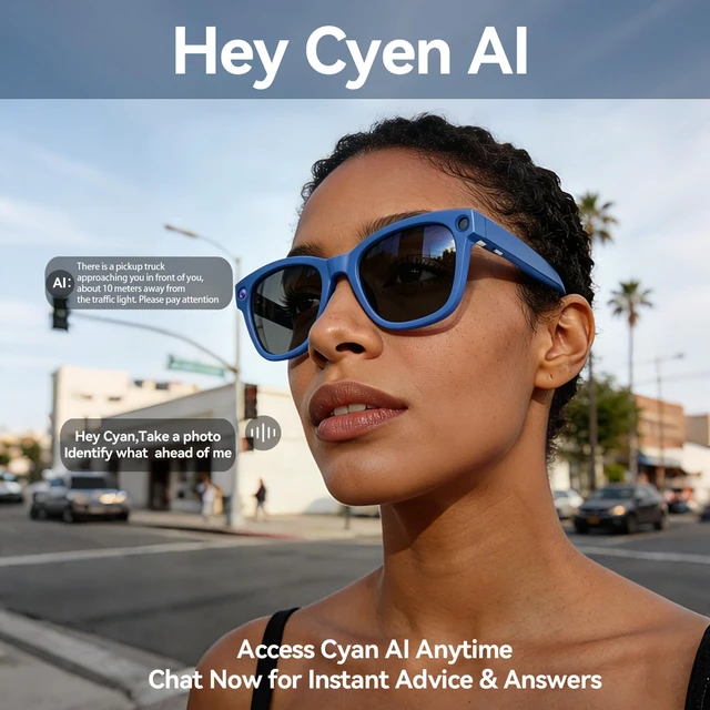 Alt view image 4 of 7 - AI Smart Glasses with Camera, 8MP HD Camera Glasses for Men,Women, AI Recording Glasses with Voice Assistant,Open-Ear Audio,Real-Time Translation,Video Recording Sunglasses for Life & Work Vlog(Blue)