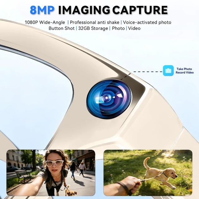 Alt view image 2 of 7 - AI Smart Glasses with Camera, 8MP HD Camera Glasses for Men,Women, AI Recording Glasses with Voice Assistant,Open-Ear Audio,Real-Time Translation,Video Recording Sunglasses for Life & Work Vlog(White)