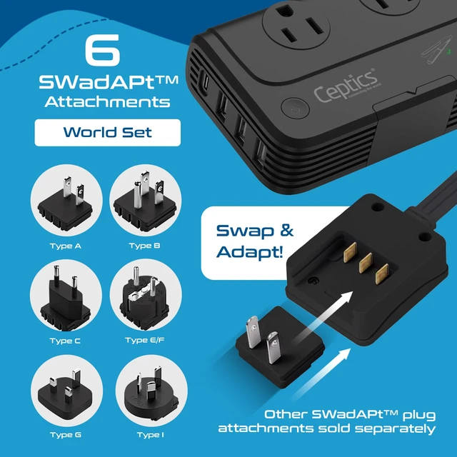 Alt view image 4 of 7 - Voltage Converter 220 to 110, 200W, 6 SWadAPt Plugs, 4 USB PD 18W fast charging. Type A/C/G/I plug adapters included for curling irons, straighteners, chargers & worldwide travel