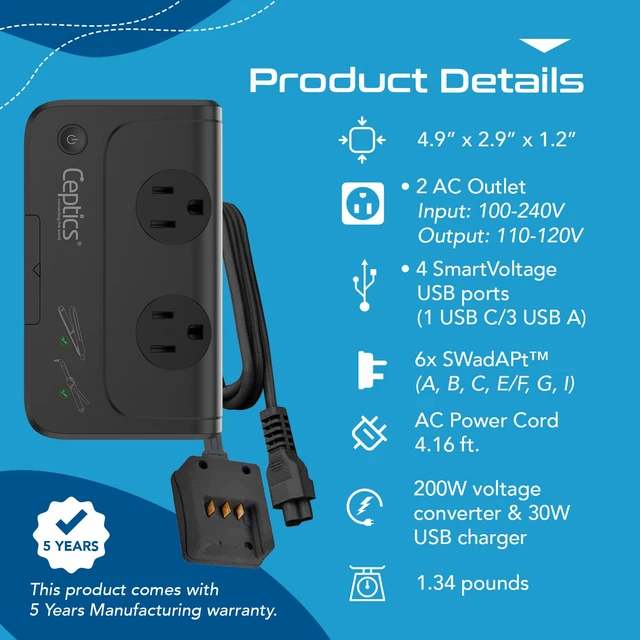 Alt view image 5 of 7 - Voltage Converter 220 to 110, 200W, 6 SWadAPt Plugs, 4 USB PD 18W fast charging. Type A/C/G/I plug adapters included for curling irons, straighteners, chargers & worldwide travel