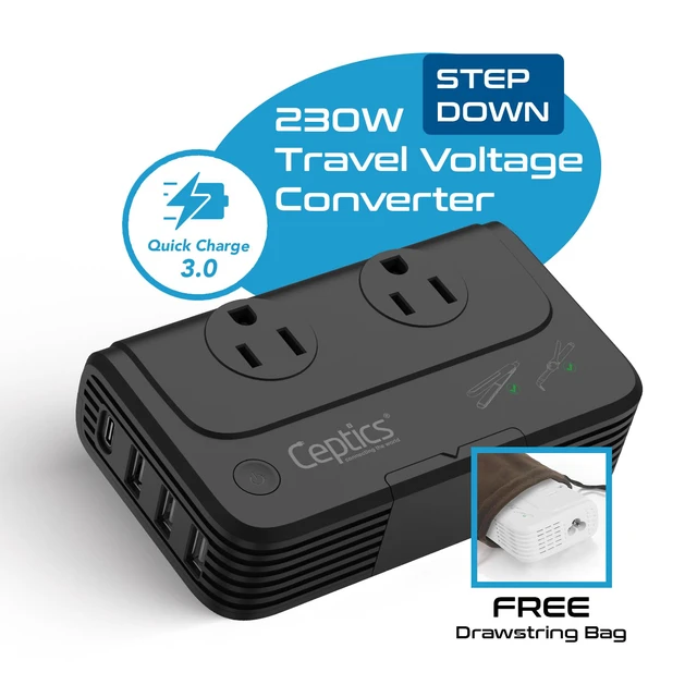 Alt view image 7 of 7 - Voltage Converter 220 to 110, 200W, 6 SWadAPt Plugs, 4 USB PD 18W fast charging. Type A/C/G/I plug adapters included for curling irons, straighteners, chargers & worldwide travel