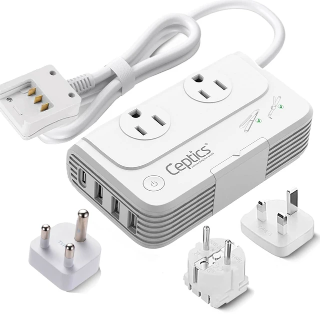 Main image of 200W Travel Voltage Converter Kit for Africa w/USB Ports 220v to 110v converter, PD 18W fast charging with Type M/G/E/F SWadAPt plugs for curling irons, straighteners & travel