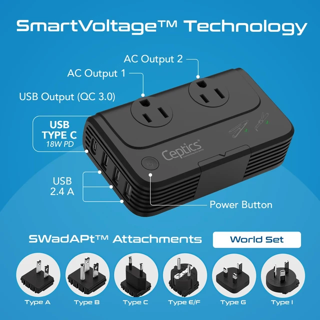 Alt view image 2 of 7 - Voltage Converter 220 to 110, 200W, 6 SWadAPt Plugs, 4 USB PD 18W fast charging. Type A/C/G/I plug adapters included for curling irons, straighteners, chargers & worldwide travel