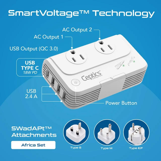 Alt view image 2 of 7 - 200W Travel Voltage Converter Kit for Africa w/USB Ports 220v to 110v converter, PD 18W fast charging with Type M/G/E/F SWadAPt plugs for curling irons, straighteners & travel