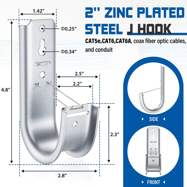 Alt view image 6 of 7 - 2 Inch Galvanized Steel J-Hooks with Retainer Clips, 100 Pack Heavy-Duty Cable Management System for Data Centers, Conduit, Cable, Coaxial & Fiber Optic Wires, Durable Corrosion-Resistant