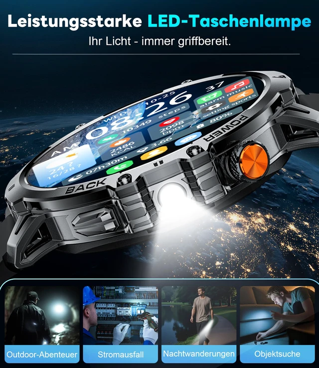Alt view image 3 of 7 - Military Smart Watches for Men(3 Bands),1000mAh/1.85" HD Large Screen Smartwatch, Flashlight/110+ Sports Modes/IP68 Waterproof/Sleep Monitor, Fitness Tracker Watch for Android iOS,Jet Black