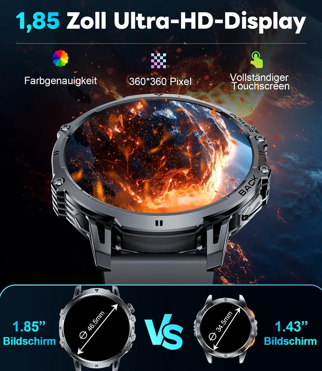 Alt view image 4 of 7 - Military Smart Watches for Men(3 Bands),1000mAh/1.85" HD Large Screen Smartwatch, Flashlight/110+ Sports Modes/IP68 Waterproof/Sleep Monitor, Fitness Tracker Watch for Android iOS,Jet Black