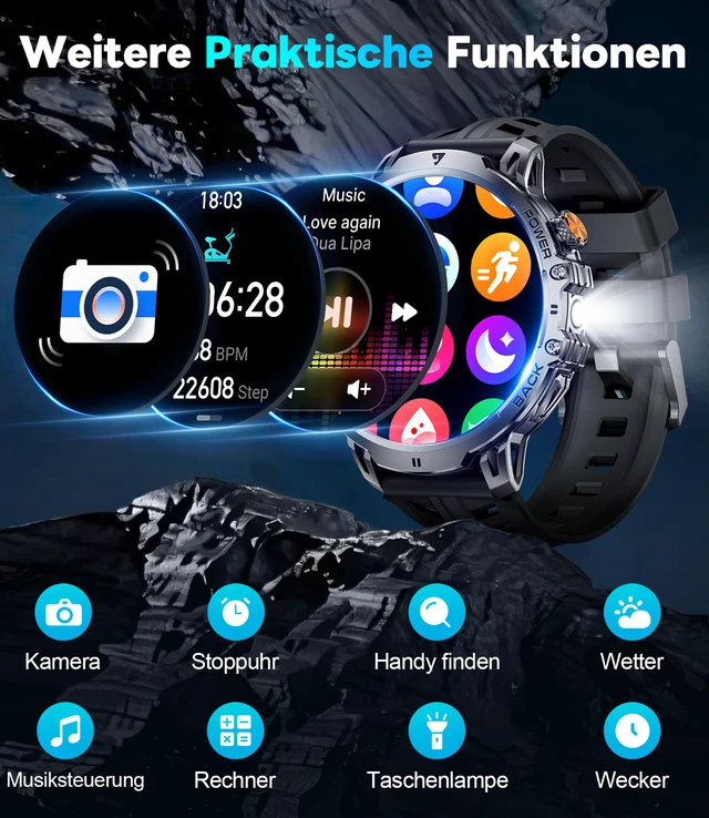 Alt view image 5 of 7 - Military Smart Watches for Men(3 Bands),1000mAh/1.85" HD Large Screen Smartwatch, Flashlight/110+ Sports Modes/IP68 Waterproof/Sleep Monitor, Fitness Tracker Watch for Android iOS,Jet Black
