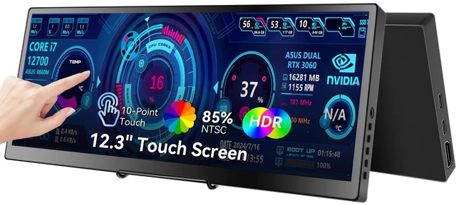 Main image of 12.3 Portable Touchscreen Monitor,1920*720 IPS Mini Touch Screen,Travel Display with Foldablestand & Speaker, HDMI USBC CNC External Monitor for Laptop Phone Aida64 GPU CPU RAM Monitoring, VESA
