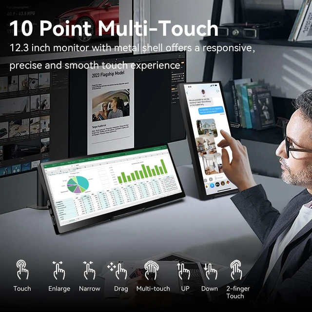 Alt view image 2 of 7 - 12.3 Portable Touchscreen Monitor,1920*720 IPS Mini Touch Screen,Travel Display with Foldablestand & Speaker, HDMI USBC CNC External Monitor for Laptop Phone Aida64 GPU CPU RAM Monitoring, VESA