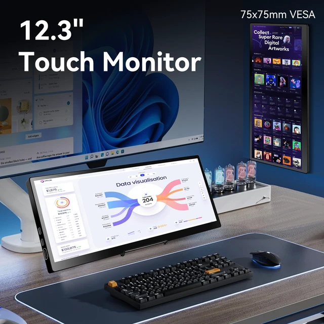 Alt view image 6 of 7 - 12.3 Portable Touchscreen Monitor,1920*720 IPS Mini Touch Screen,Travel Display with Foldablestand & Speaker, HDMI USBC CNC External Monitor for Laptop Phone Aida64 GPU CPU RAM Monitoring, VESA