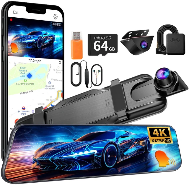 Main image of 4K+2.5K Rear View Mirror Dual Dash Cam, Voice Control Night Vision WiFi GPS Voice Control, GPS, WDR Night Vision, G-Sensor, 24H Parking Monitor, Loop Recording, 64GB Card for Car Truck Taxi SUV Uber