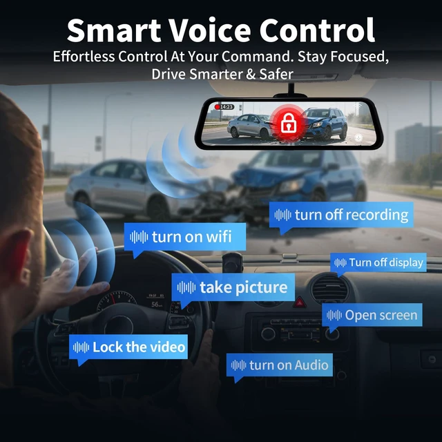 Alt view image 4 of 7 - Mirror Dual Dash Camera with Voice Control,4K+2.5K Rear View Mirror Camera with 5.8GHz WiFi and APP Control, WDR Night Vision, Loop Recording, G-Sensor, Parking Monitor 64GB Card Included
