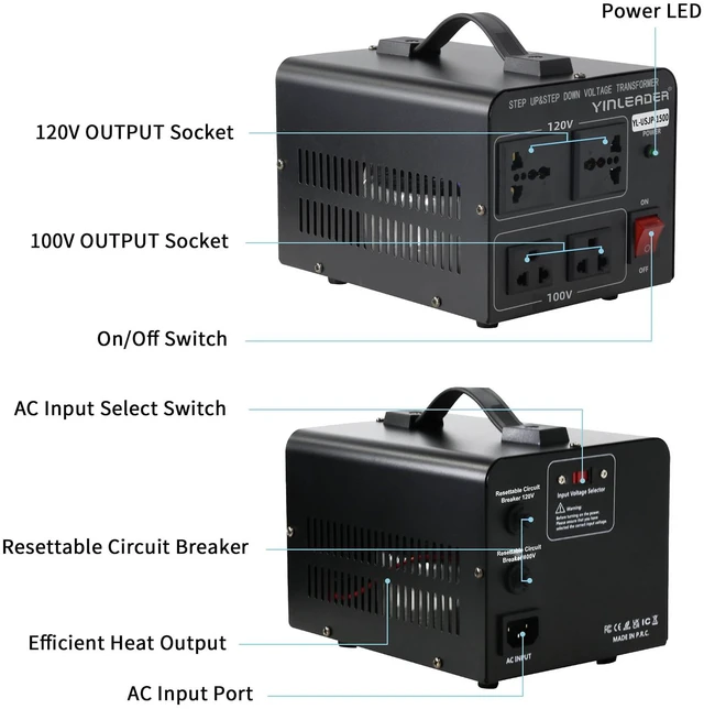 Alt view image 6 of 7 - 1500W US to Japan Voltage Converter Step Down 120V to 100V Transformer or Step Up 100V to 120V, Includes US Power Cord for Japanese Medium-Power Appliances