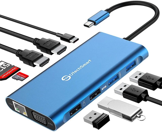 Main image of 11 in 1 Docking Station, Triple Monitors USBC Laptop Docking Station(Blue) 2 HDMI, VGA, PD3.0, SD TF Card Slot, 4 USB Ports USB-C Adapter Compatible for MacBook & Windows