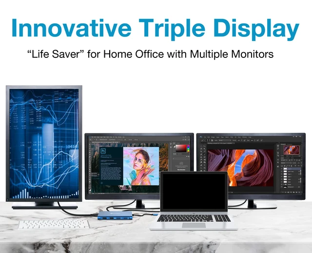 Alt view image 2 of 7 - 11 in 1 Docking Station, Triple Monitors USBC Laptop Docking Station(Blue) 2 HDMI, VGA, PD3.0, SD TF Card Slot, 4 USB Ports USB-C Adapter Compatible for MacBook & Windows