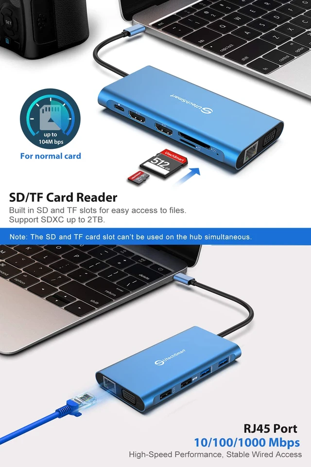 Alt view image 6 of 7 - 11 in 1 Docking Station, Triple Monitors USBC Laptop Docking Station(Blue) 2 HDMI, VGA, PD3.0, SD TF Card Slot, 4 USB Ports USB-C Adapter Compatible for MacBook & Windows