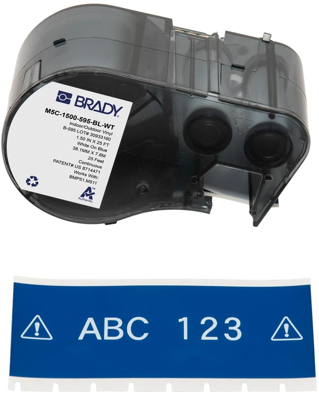 Main image of Authentic (M5C-1500-595-BL-WT) All-Weather Vinyl Labels 1.5 in W x 25ft White on Blue. for use with BMP51, M510, and M511 Label Printers