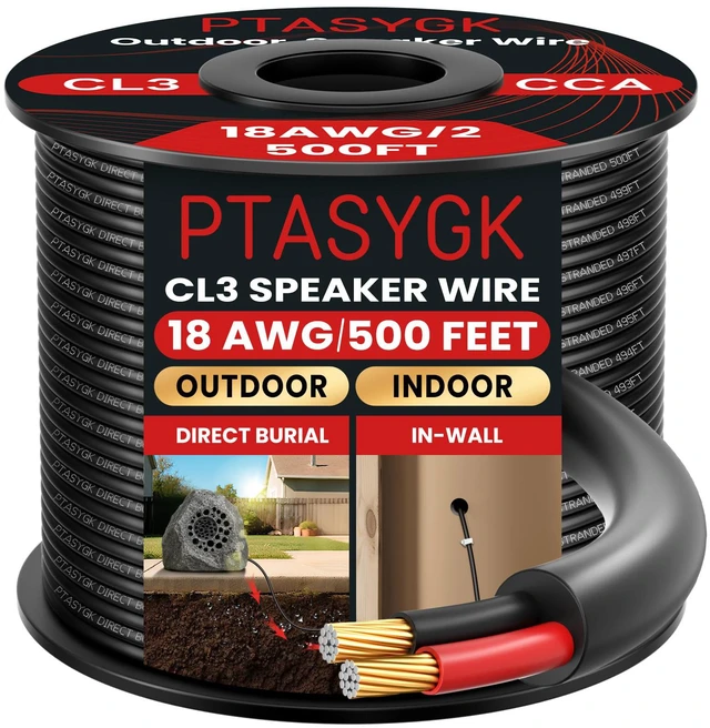 Main image of 18 Gauge Outdoor Speaker Wire 500ft CL3 Direct Burial CCA Cable CL2 Rated, 2 Conductor Stranded Core, UV and Weather Resistant, No Conduit Needed Underground, Garden Patio Pool Audio