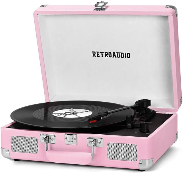 Main image of Portable Bluetooth Vintage Vinyl Record Player Turntable 3-speed belt-driven LP player, built-in stereo speakers, RCA & headphone output, portable suitcase phonograph