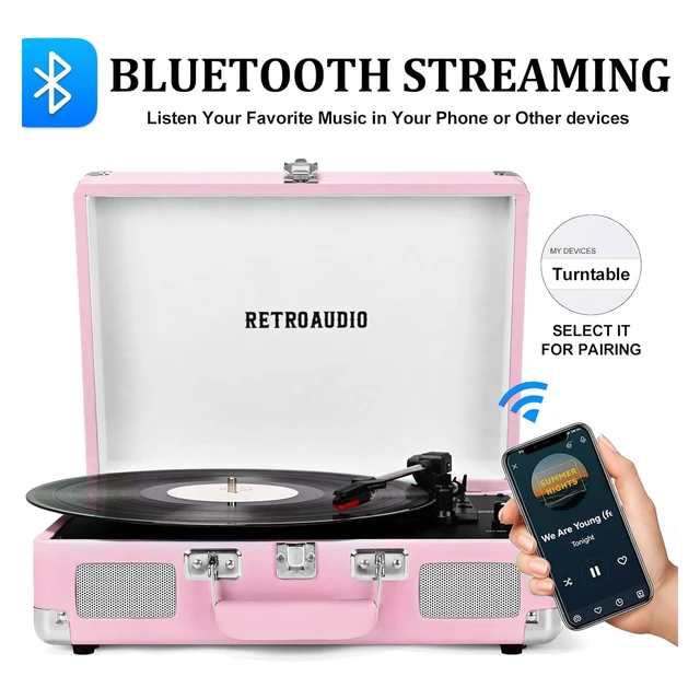 Alt view image 2 of 7 - Portable Bluetooth Vintage Vinyl Record Player Turntable 3-speed belt-driven LP player, built-in stereo speakers, RCA & headphone output, portable suitcase phonograph