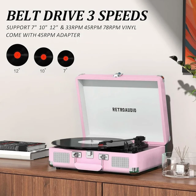 Alt view image 4 of 7 - Portable Bluetooth Vintage Vinyl Record Player Turntable 3-speed belt-driven LP player, built-in stereo speakers, RCA & headphone output, portable suitcase phonograph