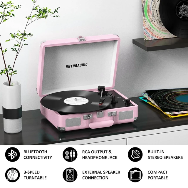 Alt view image 3 of 7 - Portable Bluetooth Vintage Vinyl Record Player Turntable 3-speed belt-driven LP player, built-in stereo speakers, RCA & headphone output, portable suitcase phonograph