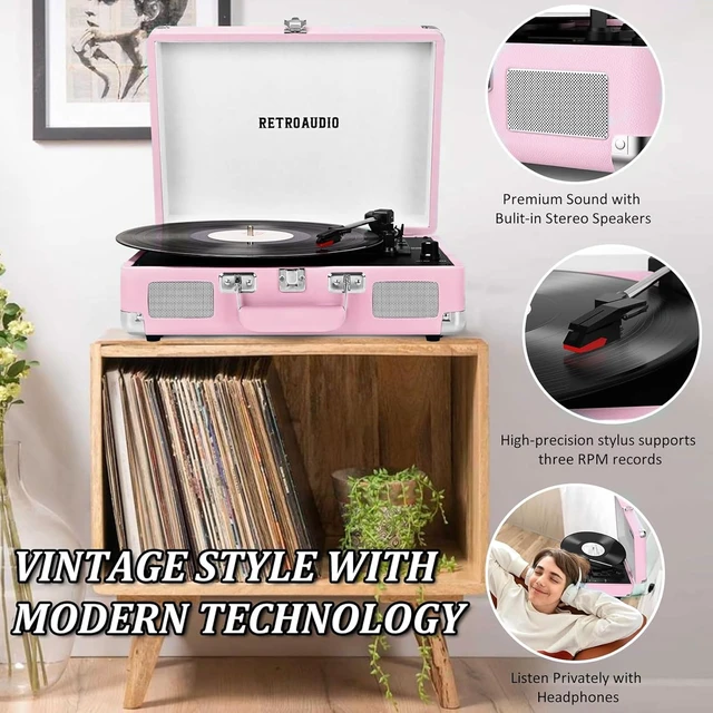Alt view image 5 of 7 - Portable Bluetooth Vintage Vinyl Record Player Turntable 3-speed belt-driven LP player, built-in stereo speakers, RCA & headphone output, portable suitcase phonograph