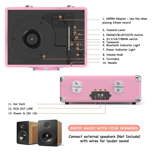Alt view image 7 of 7 - Portable Bluetooth Vintage Vinyl Record Player Turntable 3-speed belt-driven LP player, built-in stereo speakers, RCA & headphone output, portable suitcase phonograph