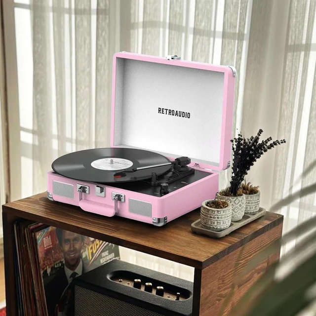 Alt view image 6 of 7 - Portable Bluetooth Vintage Vinyl Record Player Turntable 3-speed belt-driven LP player, built-in stereo speakers, RCA & headphone output, portable suitcase phonograph