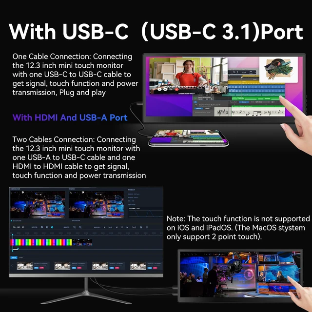 Alt view image 3 of 7 - 12.3 Portable Touchscreen Monitor,1920*720 IPS Mini Touch Screen,Travel Display with Foldablestand & Speaker, HDMI USBC CNC External Monitor for Laptop Phone Aida64 GPU CPU RAM Monitoring, VESA