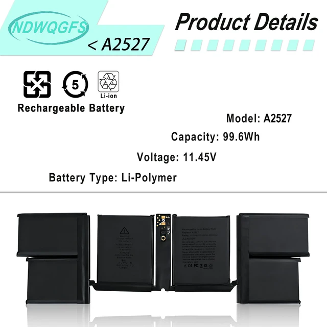Alt view image 2 of 7 - A2527 A2485 Laptop Battery Compatible with MacBook Pro 16 inch A2485 (Late 2021) 99.6Wh 11.45V Li-Polymer EMC 3651