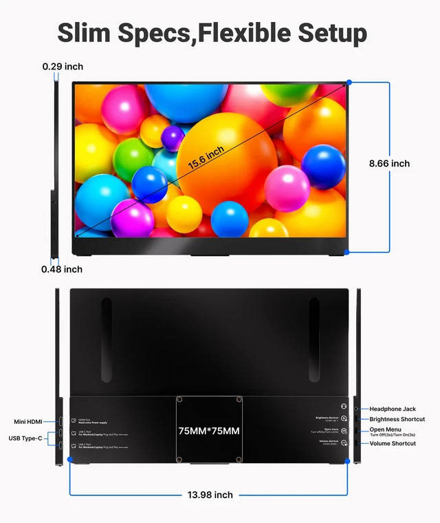 Alt view image 7 of 7 - Portable Monitor for Laptop,15.6'' 1080P, with Magnetic Case 1080P 1.44lbs Ultra-slim Travel Monitor, USB C Mini HDMI for Mac,mini PC,Built-in speakers,VESA-ready,Easy to Carry