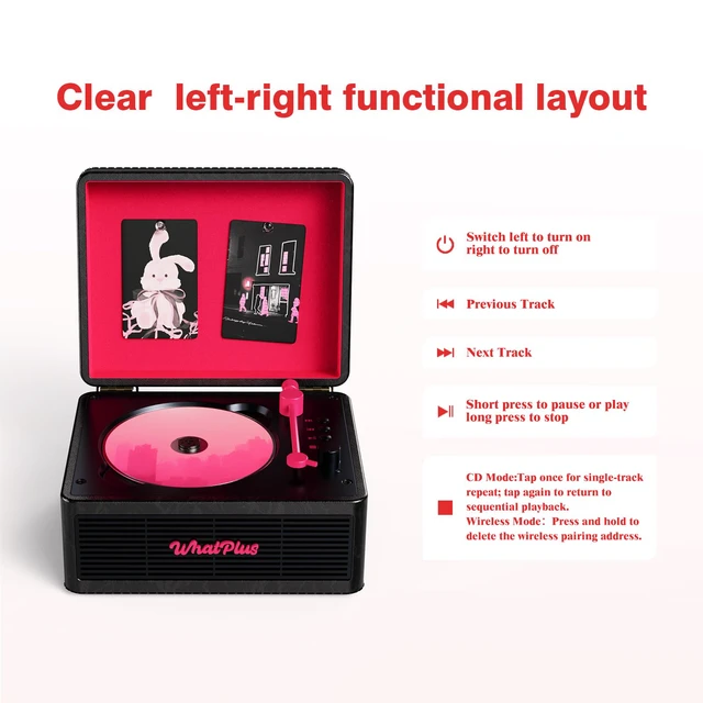 Alt view image 6 of 7 - CD Player with Bluetooth Speakers, App Control, Magnetic Display Color: Black and Pink. High-fidelity sound with a retro desktop design, ideal for home decor and gifting