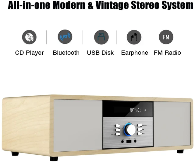 Alt view image 2 of 7 - Nostalgic Bluetooth Stereo System for Home, Vintage Micro HiFi Systems CD Player,with Bluetooth Audio Streaming,FM Radio,USB Port,Aux-in,Earphone Port (Wood Color)