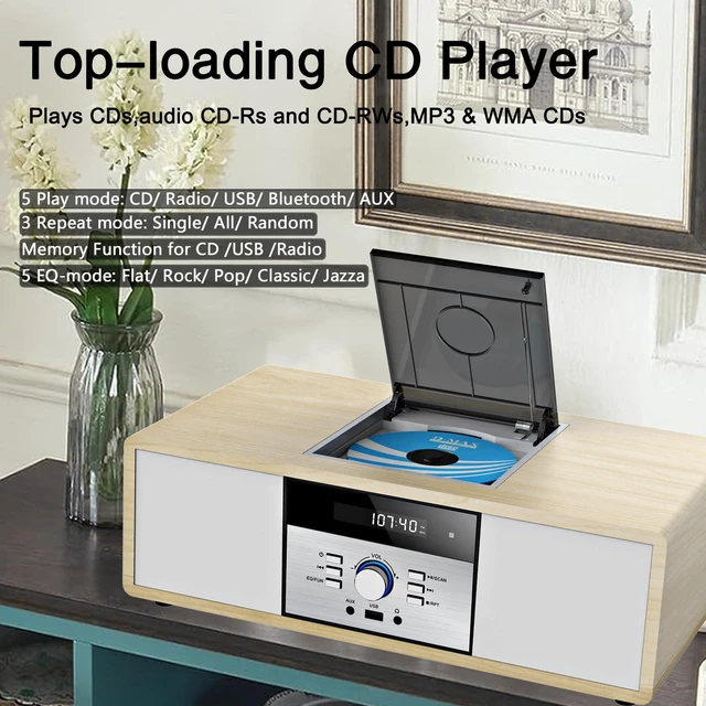 Alt view image 4 of 7 - Nostalgic Bluetooth Stereo System for Home, Vintage Micro HiFi Systems CD Player,with Bluetooth Audio Streaming,FM Radio,USB Port,Aux-in,Earphone Port (Wood Color)