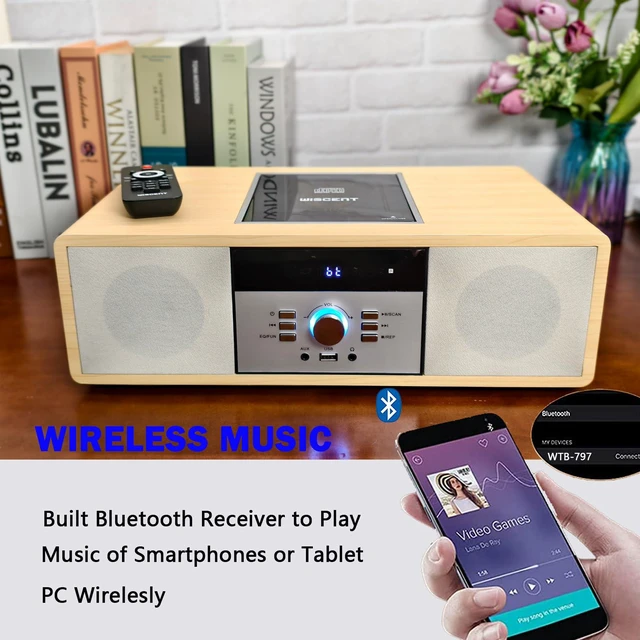 Alt view image 5 of 7 - Nostalgic Bluetooth Stereo System for Home, Vintage Micro HiFi Systems CD Player,with Bluetooth Audio Streaming,FM Radio,USB Port,Aux-in,Earphone Port (Wood Color)