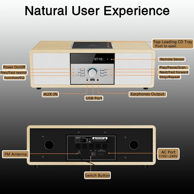 Alt view image 6 of 7 - Nostalgic Bluetooth Stereo System for Home, Vintage Micro HiFi Systems CD Player,with Bluetooth Audio Streaming,FM Radio,USB Port,Aux-in,Earphone Port (Wood Color)