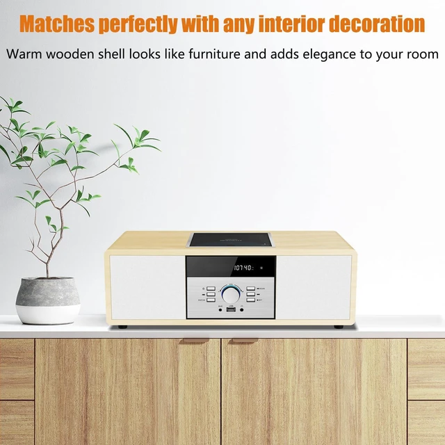 Alt view image 7 of 7 - Nostalgic Bluetooth Stereo System for Home, Vintage Micro HiFi Systems CD Player,with Bluetooth Audio Streaming,FM Radio,USB Port,Aux-in,Earphone Port (Wood Color)