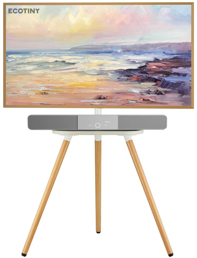 Main image of Tripod TV Stand for 43-65" TVs, Swivel, White Height-adjustable easel TV stand, wood media shelf, cable management and VESA up to 400x400