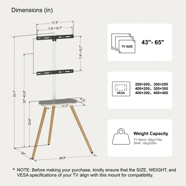 Alt view image 7 of 7 - Tripod TV Stand for 43-65" TVs, Swivel, White Height-adjustable easel TV stand, wood media shelf, cable management and VESA up to 400x400