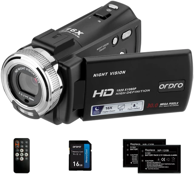 Main image of V12 1080P Camcorder Night Vision with 16G Card 2 Batteries HD retro camcorder recorder, infrared night vision, 16X digital zoom, LCD display, beginner friendly, travel vlogging