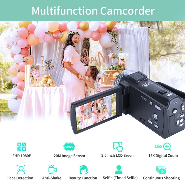 Alt view image 3 of 6 - V12 1080P Camcorder Night Vision with 16G Card 2 Batteries HD retro camcorder recorder, infrared night vision, 16X digital zoom, LCD display, beginner friendly, travel vlogging