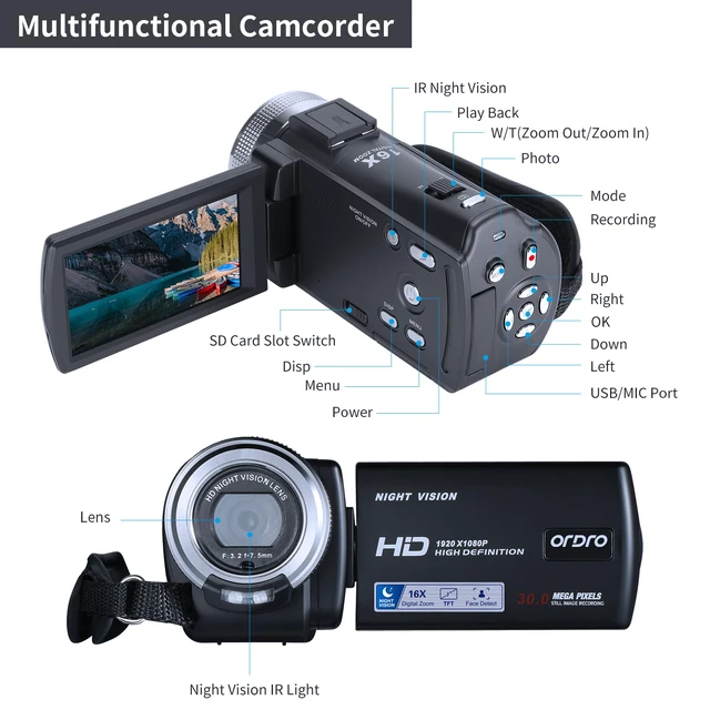 Alt view image 6 of 6 - V12 1080P Camcorder Night Vision with 16G Card 2 Batteries HD retro camcorder recorder, infrared night vision, 16X digital zoom, LCD display, beginner friendly, travel vlogging