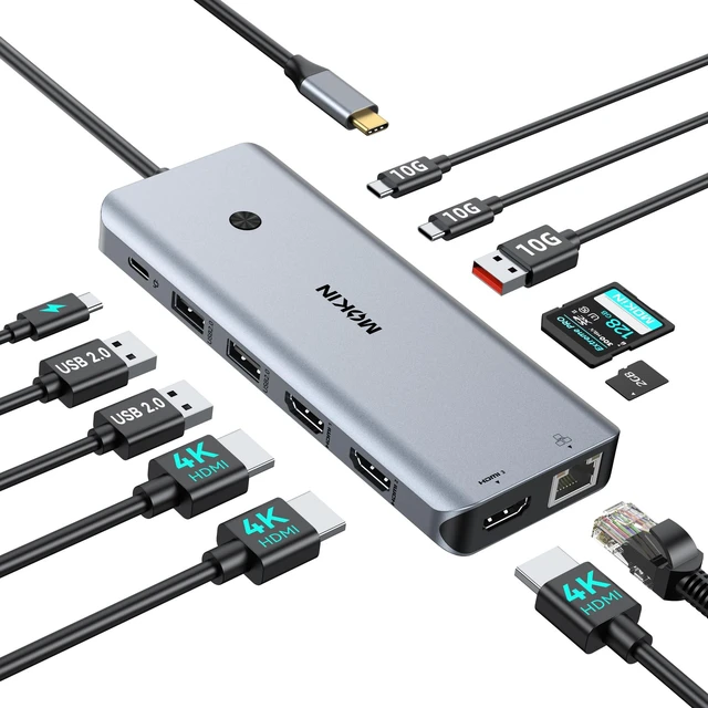 Main image of USB C Docking Station 3 Monitors,3 HDMI 4K@60Hz Triple Display Hub 12-IN-1 Laptop Docking Station:3*4K@60Hz HDMI,3*10Gbps USB C Ports,2*USB A Ports,Ethernet,Card Reader,100W PD,Toggle Button