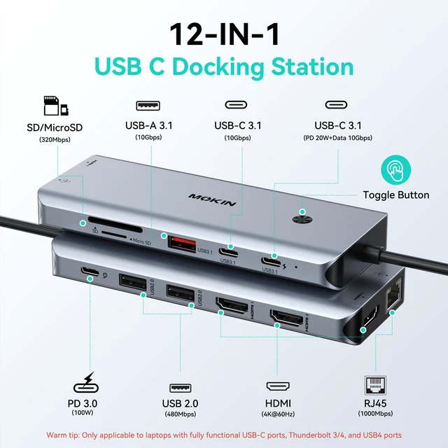 Alt view image 2 of 7 - USB C Docking Station 3 Monitors,3 HDMI 4K@60Hz Triple Display Hub 12-IN-1 Laptop Docking Station:3*4K@60Hz HDMI,3*10Gbps USB C Ports,2*USB A Ports,Ethernet,Card Reader,100W PD,Toggle Button