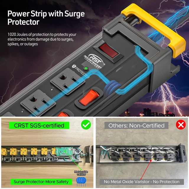 Alt view image 5 of 7 - 12-Outlet Metal Power Strip with Individual Switches, 15A/1875W, 9FT Wide Spacing for Bulky Plugs, 1020J Surge Protector Power Strip with Cable Management, Perfect for Home Garage Shop School