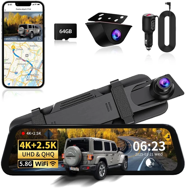 Main image of Mirror Dual Dash Camera with Voice Control,4K+2.5K Rear View Mirror Camera with 5.8GHz WiFi and APP Control, WDR Night Vision, Loop Recording, G-Sensor, Parking Monitor 64GB Card Included