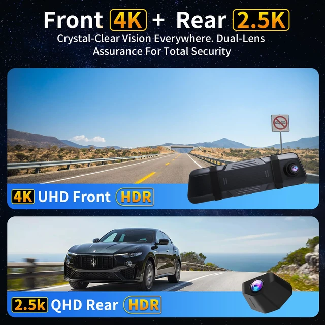 Alt view image 2 of 7 - Mirror Dual Dash Camera with Voice Control,4K+2.5K Rear View Mirror Camera with 5.8GHz WiFi and APP Control, WDR Night Vision, Loop Recording, G-Sensor, Parking Monitor 64GB Card Included