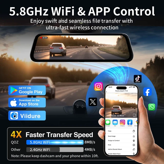 Alt view image 3 of 7 - Mirror Dual Dash Camera with Voice Control,4K+2.5K Rear View Mirror Camera with 5.8GHz WiFi and APP Control, WDR Night Vision, Loop Recording, G-Sensor, Parking Monitor 64GB Card Included